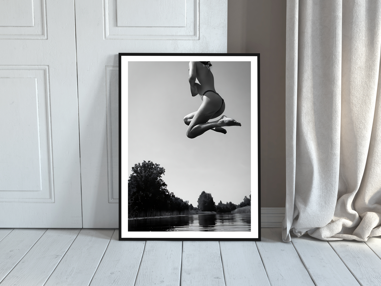 Black and White Woman Jumping Over Water Artistic Wall Print Digital Download