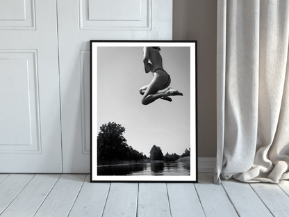 Black and White Woman Jumping Over Water Artistic Wall Print Digital Download