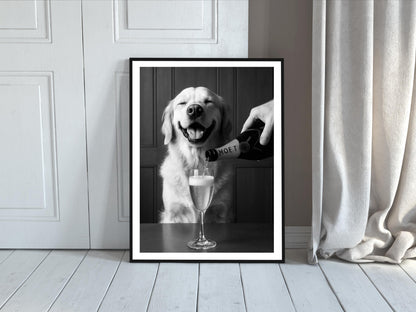 Golden Retriever Dog Drinking Champagne Print, Black and White, Bar Cart Wall Art, Cocktail Poster, Pub Decor, Printable, Digital Download