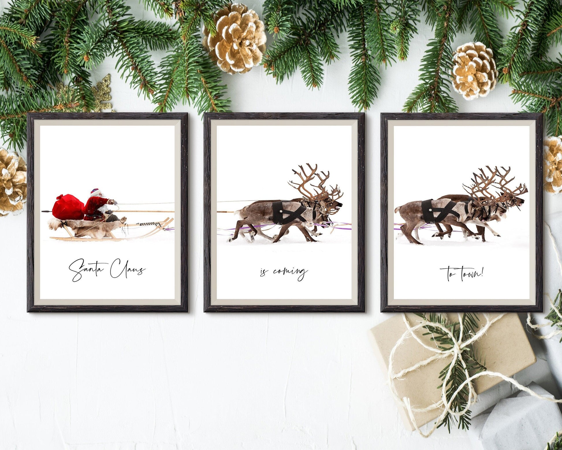 santa claus reindeer trio christmas wall art festive scandinavian holiday decor 3 frame digital download printable wall art poster, digital download