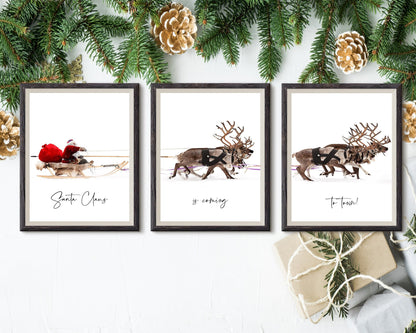 santa claus reindeer trio christmas wall art festive scandinavian holiday decor 3 frame digital download printable wall art poster, digital download