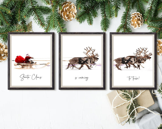 santa claus reindeer trio christmas wall art festive scandinavian holiday decor 3 frame digital download printable wall art poster, digital download