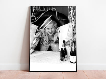 Woman Drinking Champagne Poster, Bar Cart Print, Black and White, Vintage Photography, Cocktail Wall Art, Alcohol Poster, Digital Download