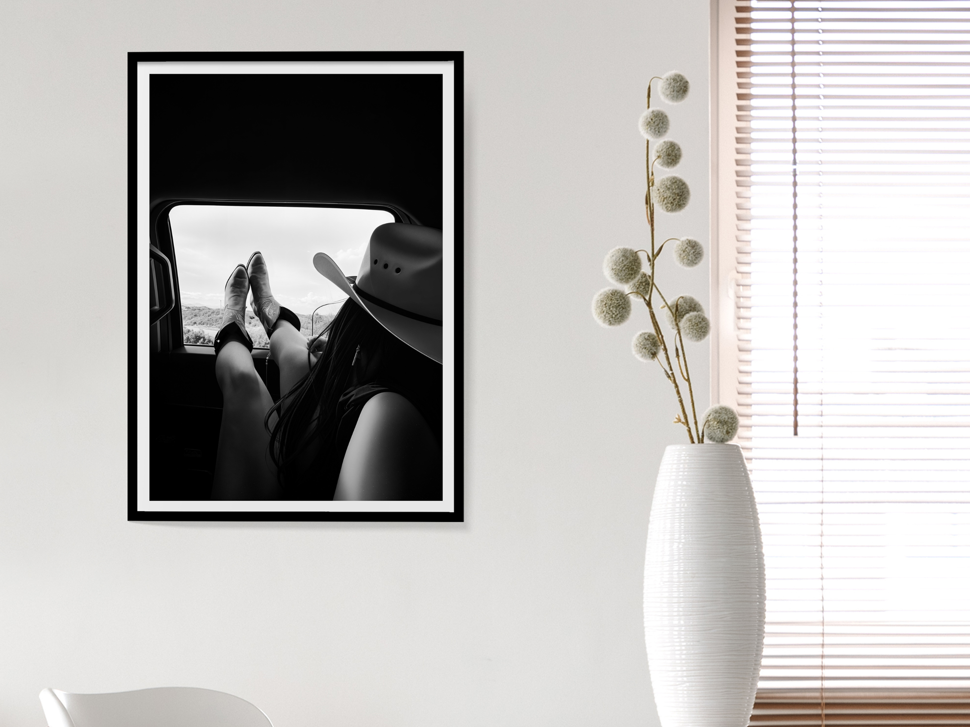 Cowgirl Relaxing Car Window Print - Black & White Western Photography Wall Art (Digital Download)