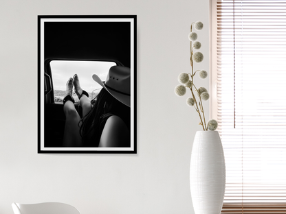 Cowgirl Relaxing Car Window Print - Black & White Western Photography Wall Art (Digital Download)