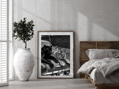 panther and tiger on retro car poster vintage wall art luxury fashion poster vintage tiger and panther black and white digital download printable wall art poster, digital download