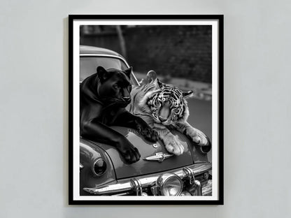 panther and tiger on retro car poster vintage wall art luxury fashion poster vintage tiger and panther black and white digital download printable wall art poster, digital download