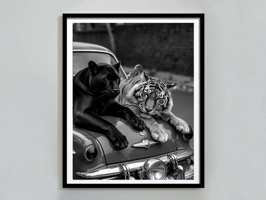 panther and tiger on retro car poster vintage wall art luxury fashion poster vintage tiger and panther black and white digital download printable wall art poster, digital download