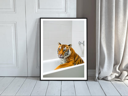 tiger in a bathtub poster printable wall art luxury tiger poster colorful trendy art bathroom print restroom decor digital download printable wall art poster, digital download