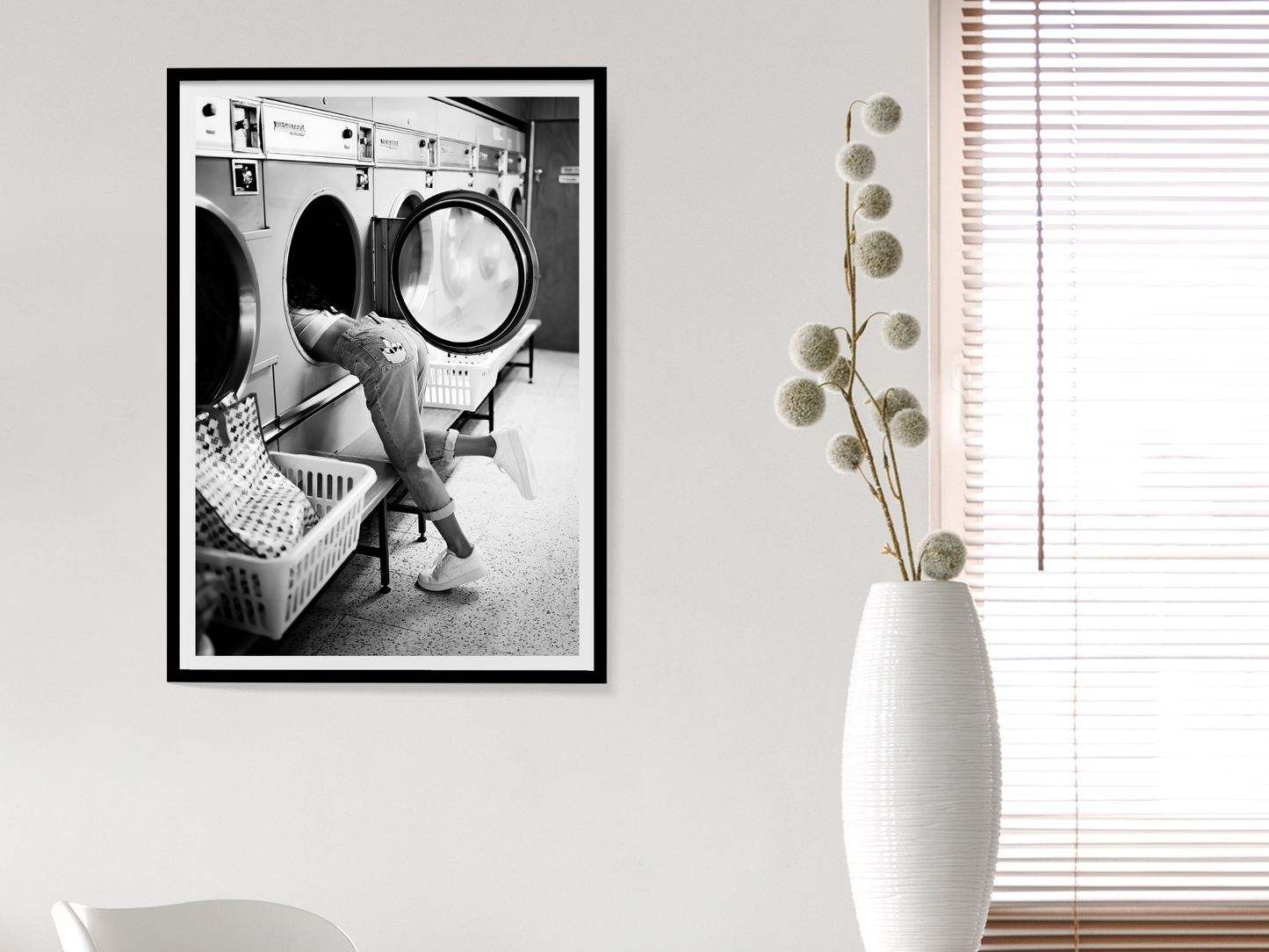 Playful Girl at Laundromat Retro Black and White Wall Art Digital Download