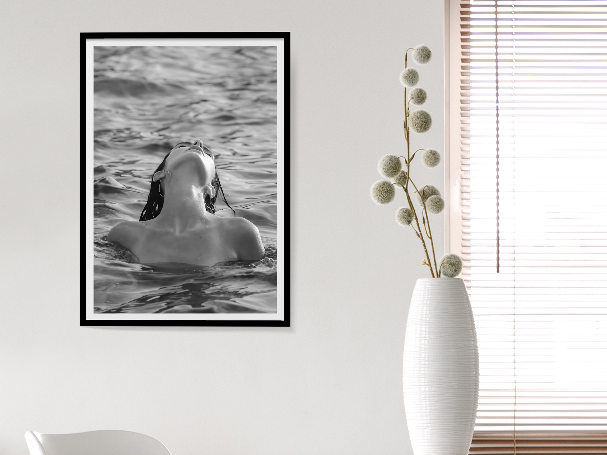 Woman Swimming in Ocean Black and White Minimalist Wall Art Digital Download