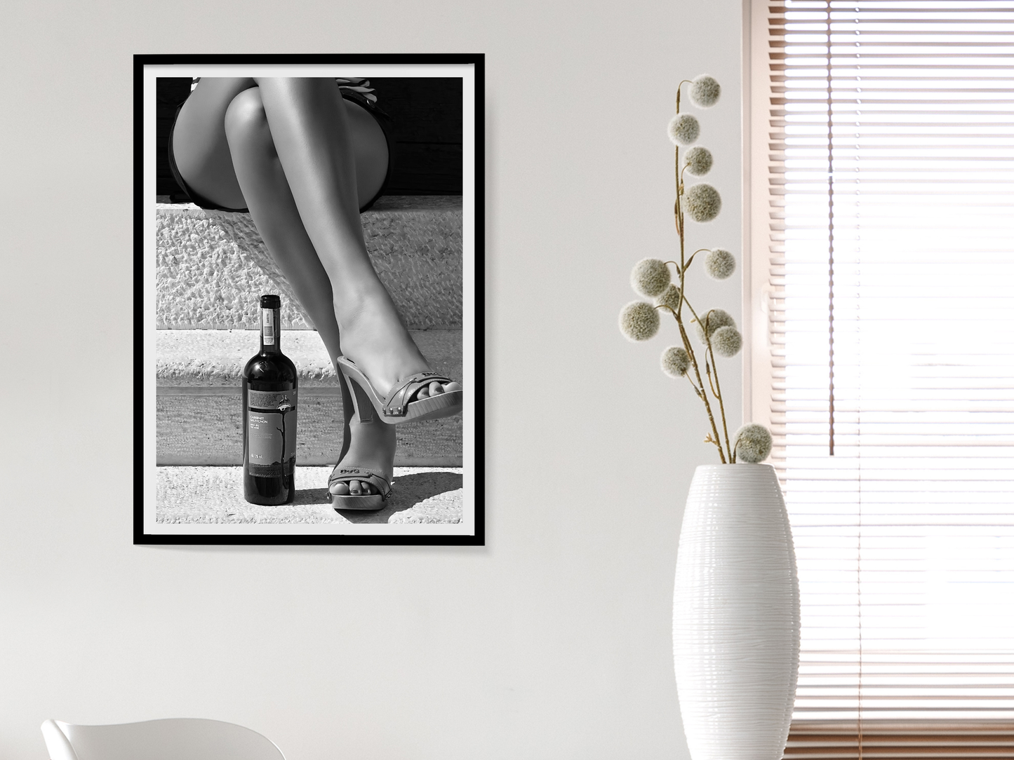 Black and White Woman Legs with Wine Bottle Aesthetic Wall Art Digital Download