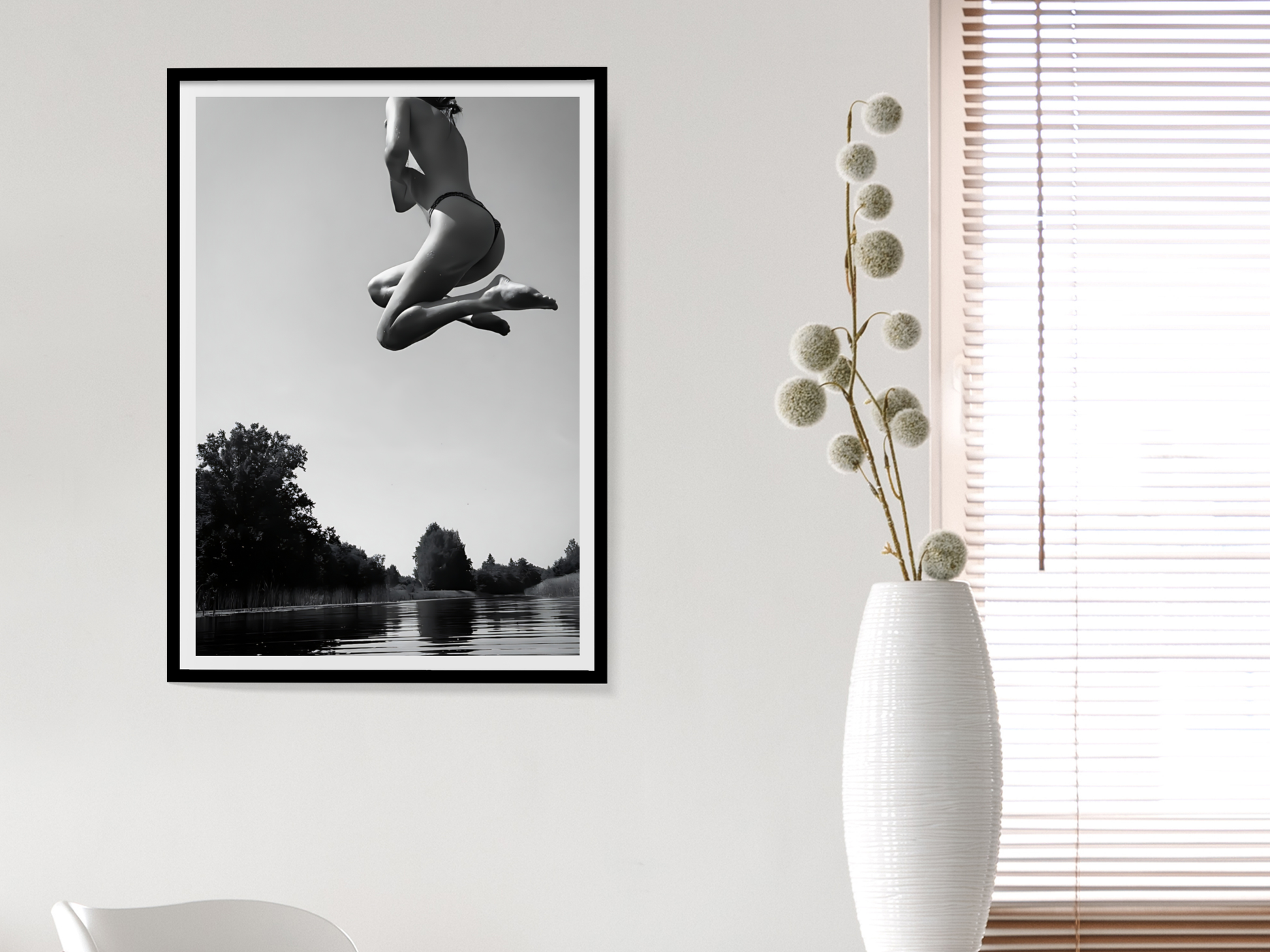 Black and White Woman Jumping Over Water Artistic Wall Print Digital Download