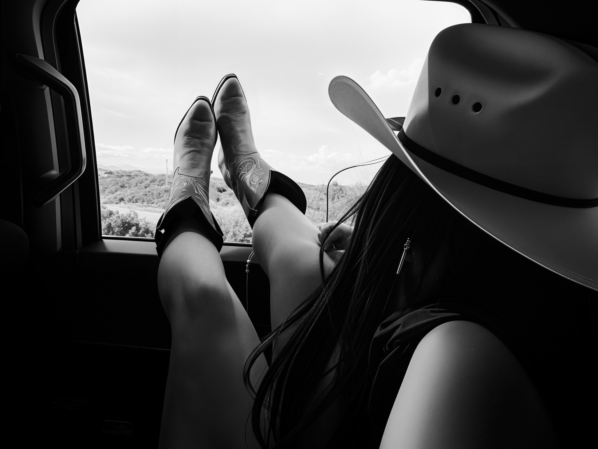Cowgirl Relaxing Car Window Print - Black & White Western Photography Wall Art (Digital Download)