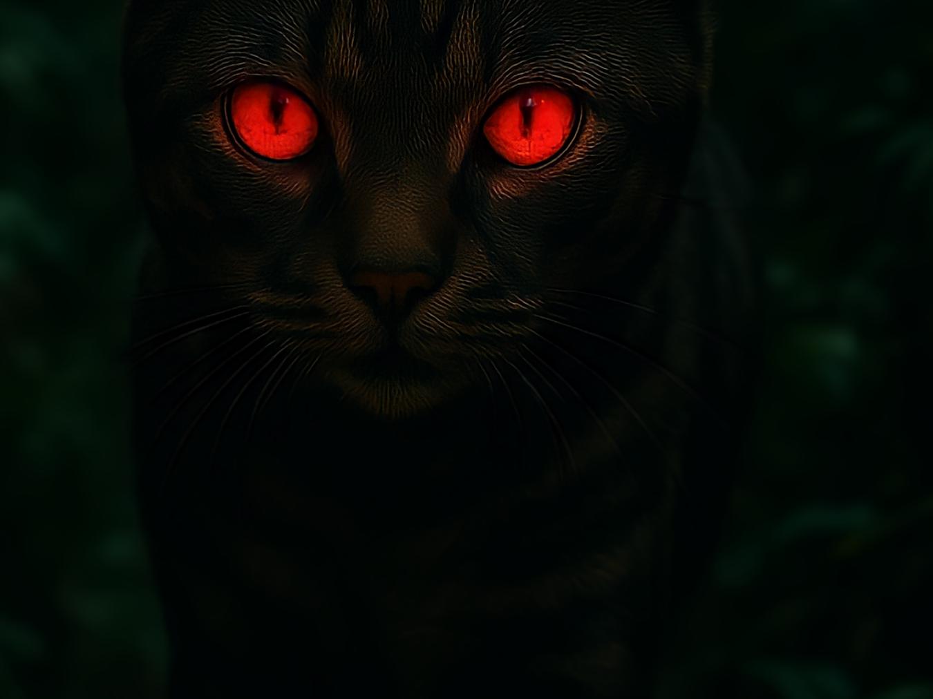 Cat with glowing red eyes in a dark forest