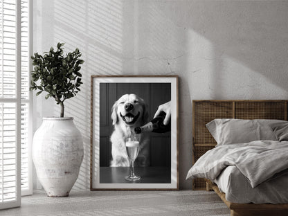 Golden Retriever Dog Drinking Champagne Print, Black and White, Bar Cart Wall Art, Cocktail Poster, Pub Decor, Printable, Digital Download