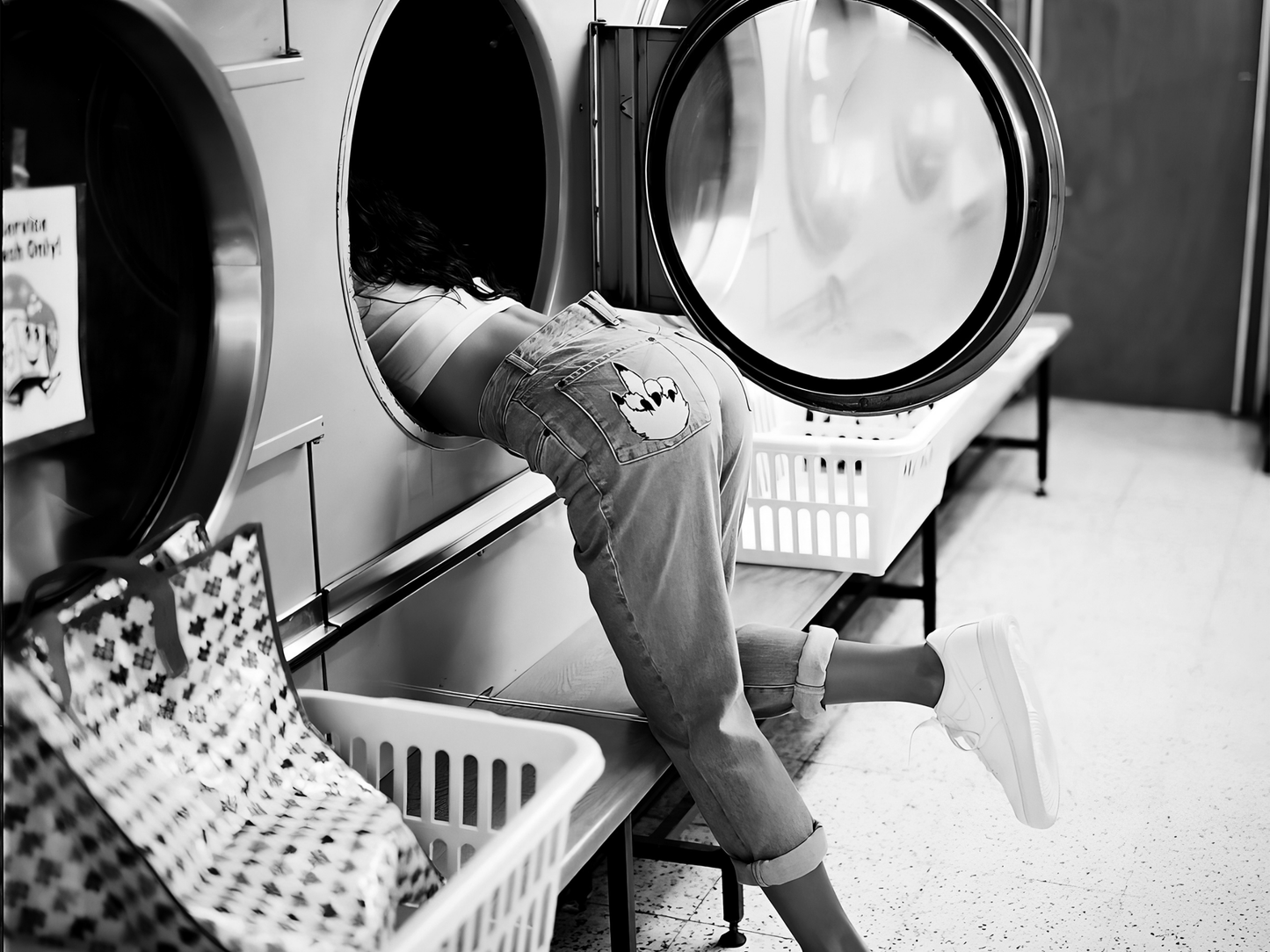 Playful Girl at Laundromat Retro Black and White Wall Art Digital Download