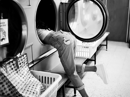 Playful Girl at Laundromat Retro Black and White Wall Art Digital Download