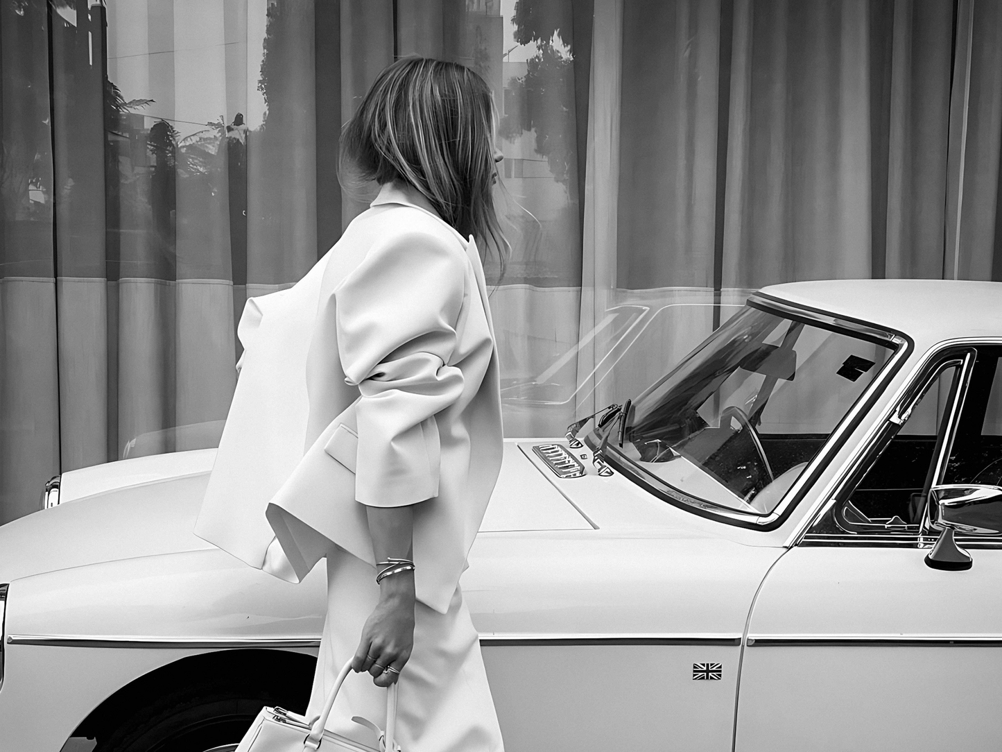 Elegant Woman with Prada Bag and Vintage Car Fashion Wall Art Digital Download