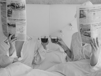 Couple Reading Newspaper Poster Black and White Cozy Morning Wall Art Digital Download