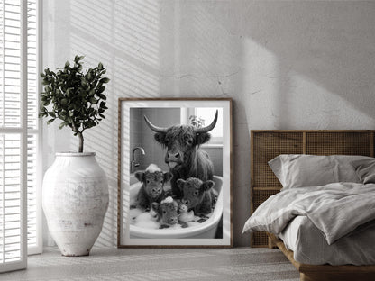 Highland Cow in Bathtub Print, Black and White, Funny Bathroom Wall Art, Kids Bathroom Decor, Digital Download, Animals in Bathtub Wall Art
