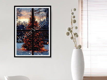 christmas tree through window snowfall santa claus festive decor glowing lights holiday vibes gifts funny christmas art digital download printable wall art poster, digital download