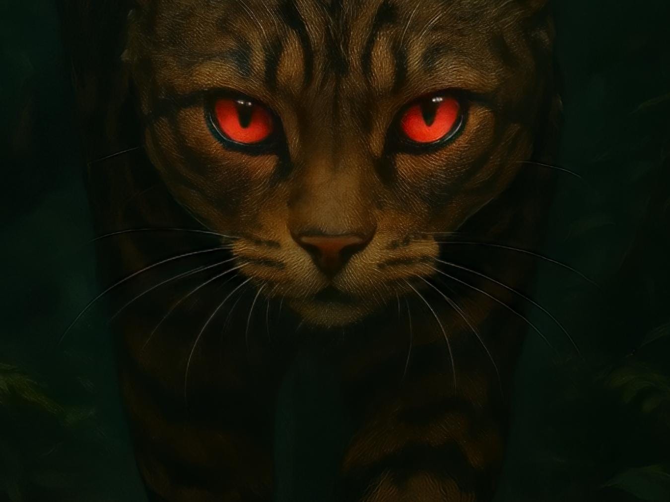 Cat with glowing red eyes in a dark setting