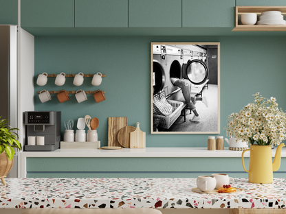 Playful Girl at Laundromat Retro Black and White Wall Art Digital Download