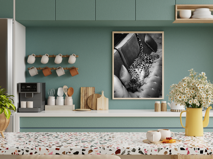 Leopard On Sofa Poster Black and White Wild Animal Wall Art Digital Download