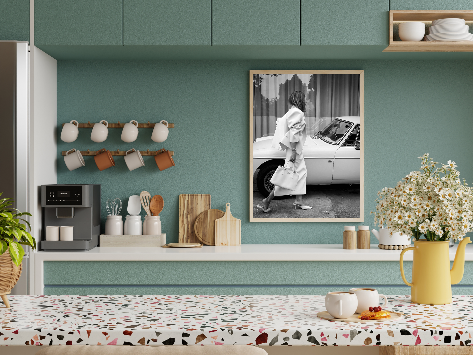 Elegant Woman with Prada Bag and Vintage Car Fashion Wall Art Digital Download