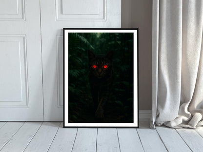 Framed artwork of a black cat with glowing red eyes on a white wall.