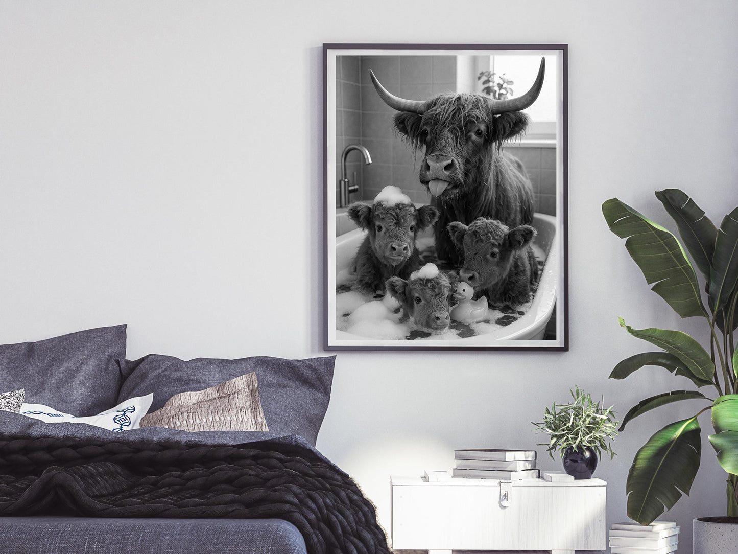 Highland Cow in Bathtub Print, Black and White, Funny Bathroom Wall Art, Kids Bathroom Decor, Digital Download, Animals in Bathtub Wall Art