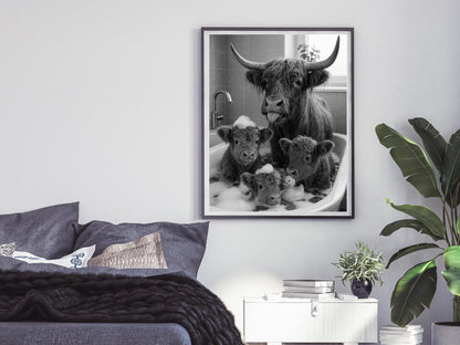 Highland Cow in Bathtub Print, Black and White, Funny Bathroom Wall Art, Kids Bathroom Decor, Digital Download, Animals in Bathtub Wall Art
