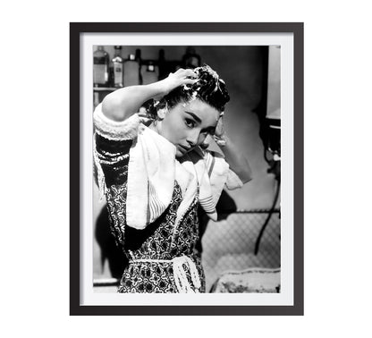 Stylish black and white Audrey Hepburn print washing her hair, blending vintage photography with classic Old Hollywood charm. Perfect bathroom wall art, available as a digital download.