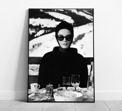 Audrey Hepburn Ski Poster, Black and White, Vintage Photography, Bar Cart Print, Ski Home Decor, Digital Download