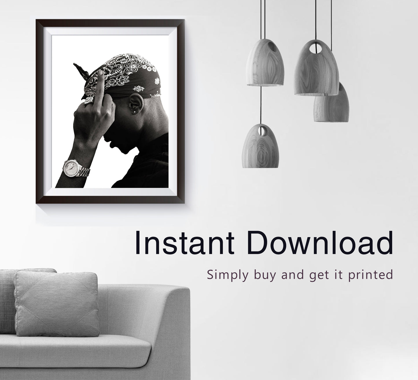Tupac 2Pac Middle Finger Poster, Black and White Rap Print & Hip Hop Wall Art, Music Studio Decor, Printable Retro Wall Art, Digital Download