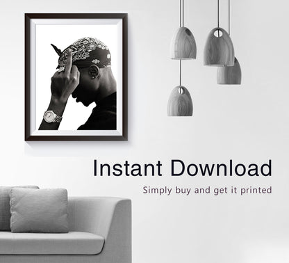Tupac 2Pac Middle Finger Poster, Black and White Rap Print & Hip Hop Wall Art, Music Studio Decor, Printable Retro Wall Art, Digital Download