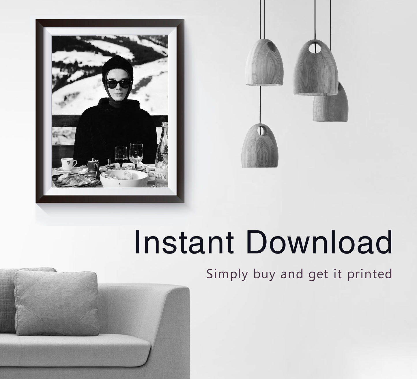 Audrey Hepburn Ski Poster, Black and White, Vintage Photography, Bar Cart Print, Ski Home Decor, Digital Download