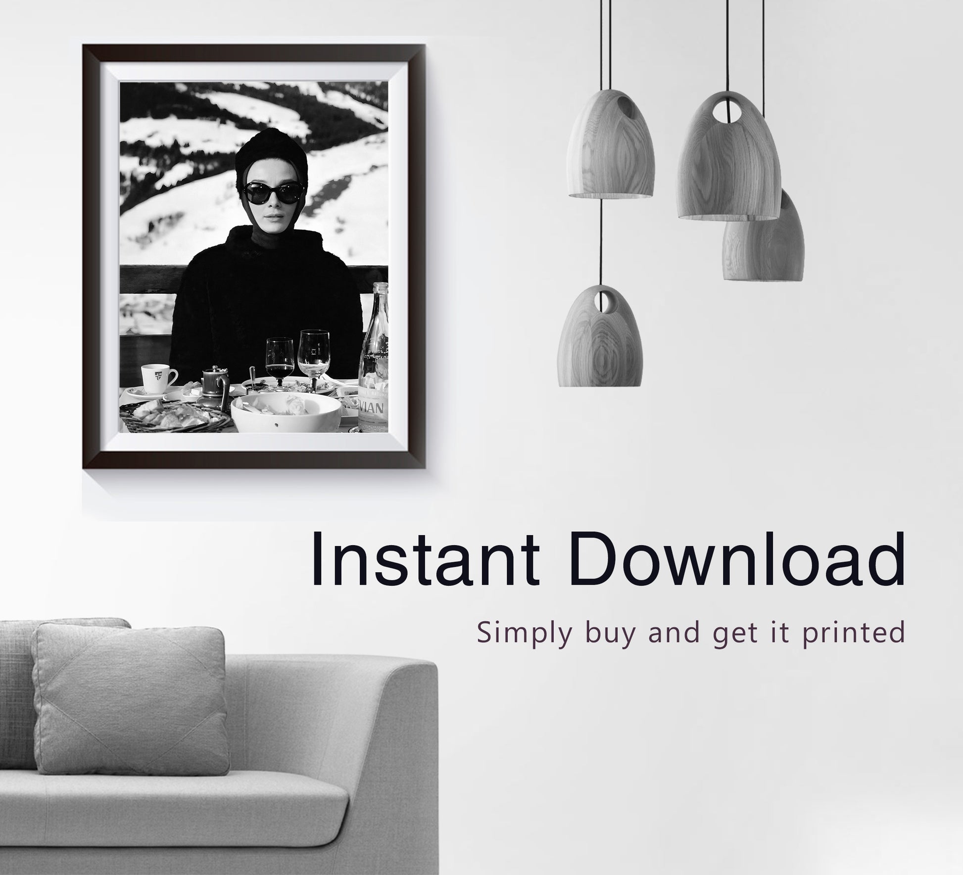Audrey Hepburn Ski Poster, Black and White, Vintage Photography, Bar Cart Print, Ski Home Decor, Digital Download