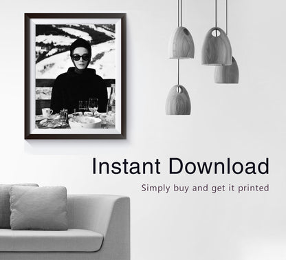 Audrey Hepburn Ski Poster, Black and White, Vintage Photography, Bar Cart Print, Ski Home Decor, Digital Download