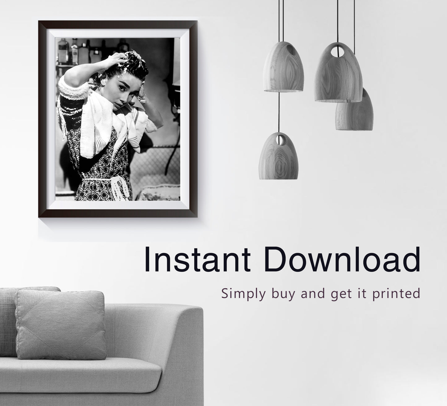 Stylish black and white Audrey Hepburn print washing her hair, blending vintage photography with classic Old Hollywood charm. Perfect bathroom wall art, available as a digital download.
