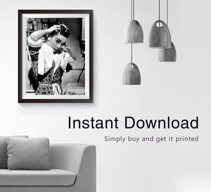Stylish black and white Audrey Hepburn print washing her hair, blending vintage photography with classic Old Hollywood charm. Perfect bathroom wall art, available as a digital download.