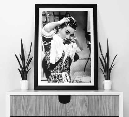 Stylish black and white Audrey Hepburn print washing her hair, blending vintage photography with classic Old Hollywood charm. Perfect bathroom wall art, available as a digital download.