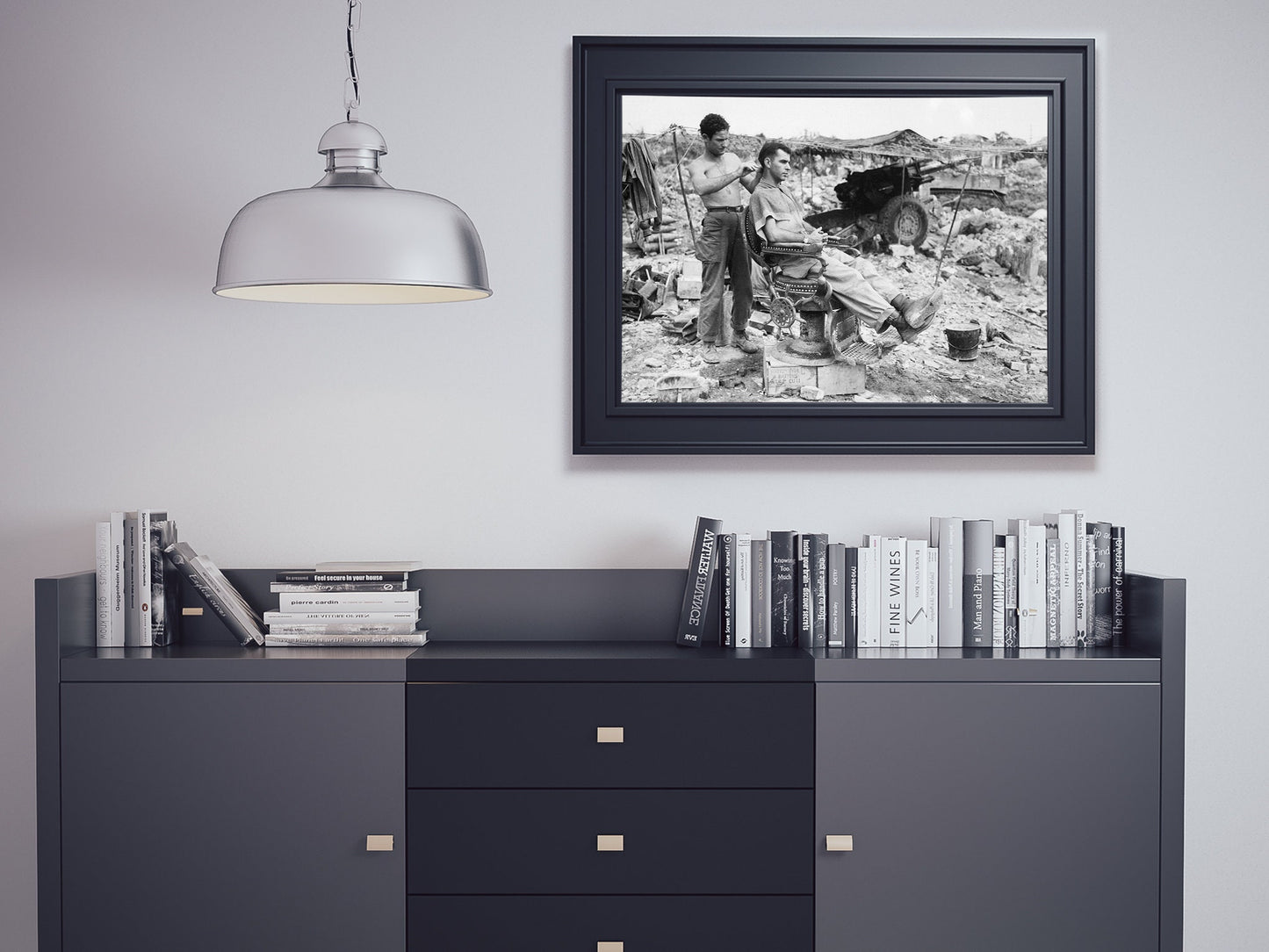 Vintage Barber Shop Poster – Black and White Soldier Getting Haircut Print, Retro Barbershop Wall Art, Digital Download Decor
