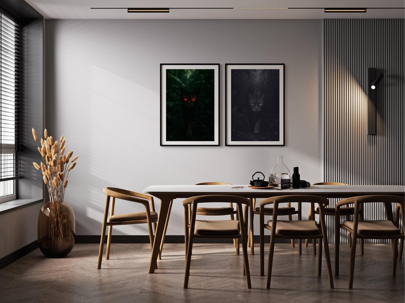 Modern dining room with wooden table and chairs, framed artwork on the wall.
