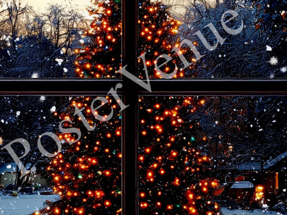 christmas tree through window snowfall santa claus festive decor glowing lights holiday vibes gifts funny christmas art digital download printable wall art poster, digital download
