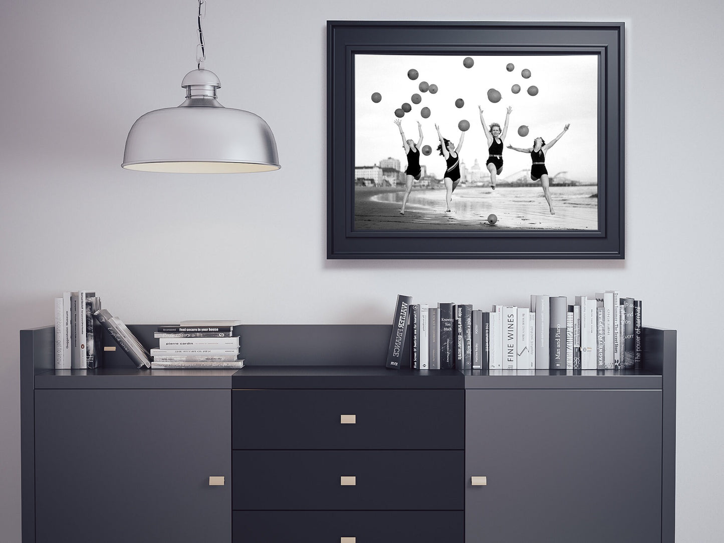 Beach Girls Balloon Print – Vintage Black and White Photography, Retro Beach Poster, Summer Wall Art, Digital Download Decor