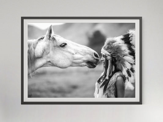 Native American Indian Woman Print, Black and White, Horse Photography, Vintage Wall Art, Digital Download, Antique Home Decor, Retro Poster