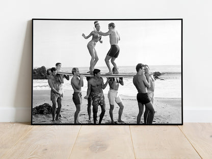 Surfers Beach Party Print, Black and White Wall Art, Vintage Photography, Summer Poster, Beach House Decor, Printable Art, Digital Download