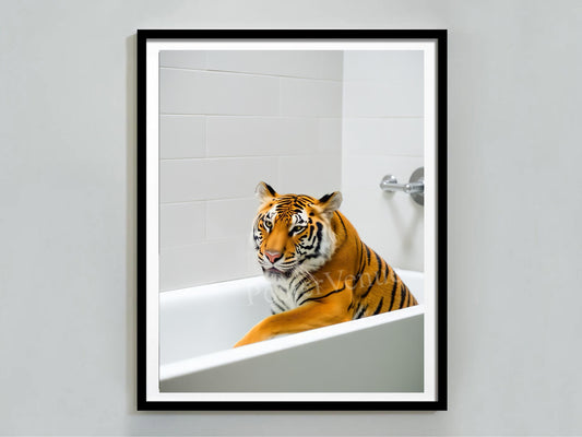 tiger in a bathtub poster printable wall art luxury tiger poster colorful trendy art bathroom print restroom decor digital download printable wall art poster, digital download